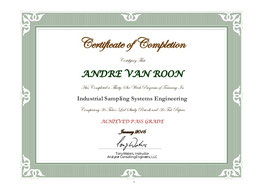 Andre van Roon certified as "Industrial Sampling Systems Engineer" by Tony Waters